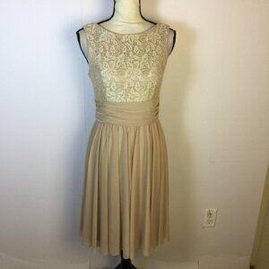 JH Evenings Fit & Flare Dress Size 6 Womans Beige Lace Sleeveless Lined Formal